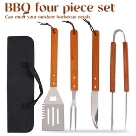 BBQ Grill Tools 4-Piece Set,Wood Grill Accessories,Stainless Steel Grilling,Grilling Essentials,(Anti-slip,Rust-Proof, Washable) Backyard, Camping, RV,Grill Master,Gift for Men