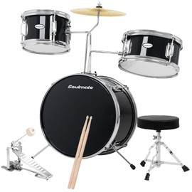 Soulmate 14 Inch Kids Drum Set - 3 Piece Beginner Drum Kit for Boys & Girls with Adjustable Drum Throne, Bass Pedal, Cymbal & Drumsticks (Black)