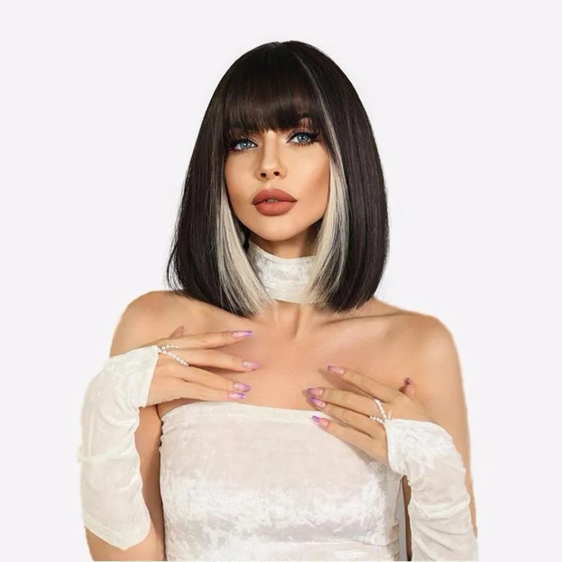 Pelucas De Cabello Natural Bob Negro Corto Y Liso Para
