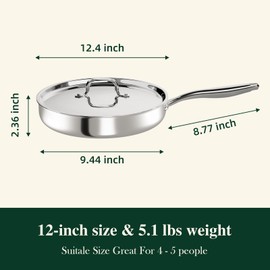 12 Inch Tri-Ply Stainless Steel Frying Pan, Frying Pan with Lid, PFOA/PTFE Free Skillet, Induction Cooking Pans, Dishwasher & Oven Broiler Safe 600F, Professional Cookware, Heavy Duty & Even Heat