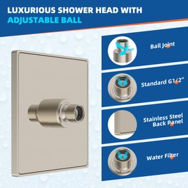 Hibbent cUPC Certified Metal Shower Head, 6'' High Pressure Rainfall Shower Head, Square Bathroom Waterfall Shower Heads, High Flow Fixed Showerheads with Adjustable Brass Ball Joint, Brushed Nickel