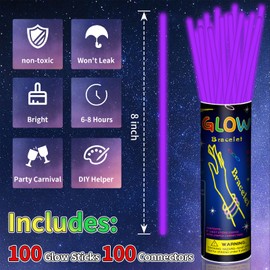 Taikula 100 Pack 8” Purple Glow Sticks Bracelet Bulk Glow Sticks with 100 Connectors Neon Glow In The Dark Party Supplies for Christmas Holiday Decoration Party Carnival (Purple)