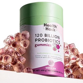 Health Hack Probióticos en Gomitas, 120 Billones UFC con 14 Cepas, Inulina de Agave, FOS y Enzimas Digestivas, Sabor Uva, Suplemento Vegano Sin Azúcar Sin Gluten, 180 Gomitas, 90 Porciones