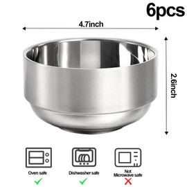 LOSYHU 6 Pack 14 Oz Stainless Steel Soup Bowls Double Walled Metal Snacks Bowls 4.7 Inch Insulated Rice Bowl Multi-Purpose Stainless Steel Bowls for Rice, Noodle, Ice Cream, Matte Finish