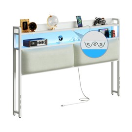 Herture Headboard for Queen Size Bed Frame, Headboards with Outlets, USB Ports and 60,000 DIY Color LED Light, Upholstered Head Board with Storage, Height Adjustable, White BT02CRW