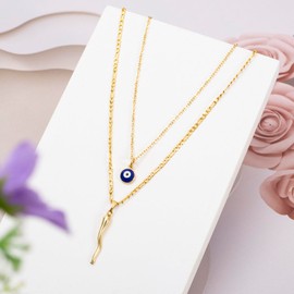 MTJAHPS Horn eye necklace, Italian horn, 14k Gold-Plated Italian horn necklace, protection necklace, talisman, evil eye jewelry for woman (Gold-Layered)