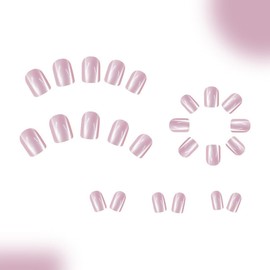 Short Press on Nails Square Fake Nails Aurora Pink Acrylic Nails Glossy Glitter False Nails with Designs Cute Stick on Nails Reusable Artificial Glue on Nails for Women Girls 24Pcs