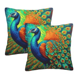 Oplp Beautiful Multicolored Peacock Throw Pillow Covers Set of 2 Pillow Case Square Case Cushion Home for Bedroom Sofa Chair Decor 18"x18"