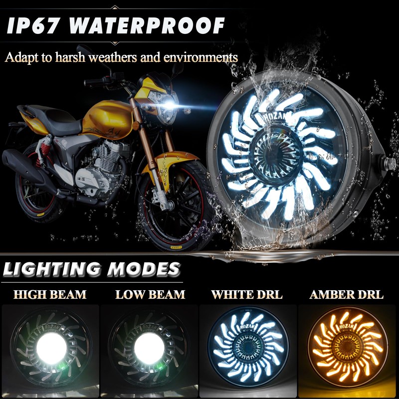 PKEDUO Demon Eye Motorcycle Headlight with Housing Bucket White/Amber DRL