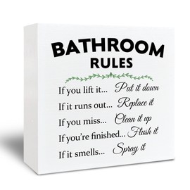 Kneaotoaji Rustic/Farmhouse Bathroom Rules Sign - 5x5 Inch, White, MDF, Decorative Signs, Tabletop Mount, Perfect for Office, Bedroom, Promotional, 1 Count