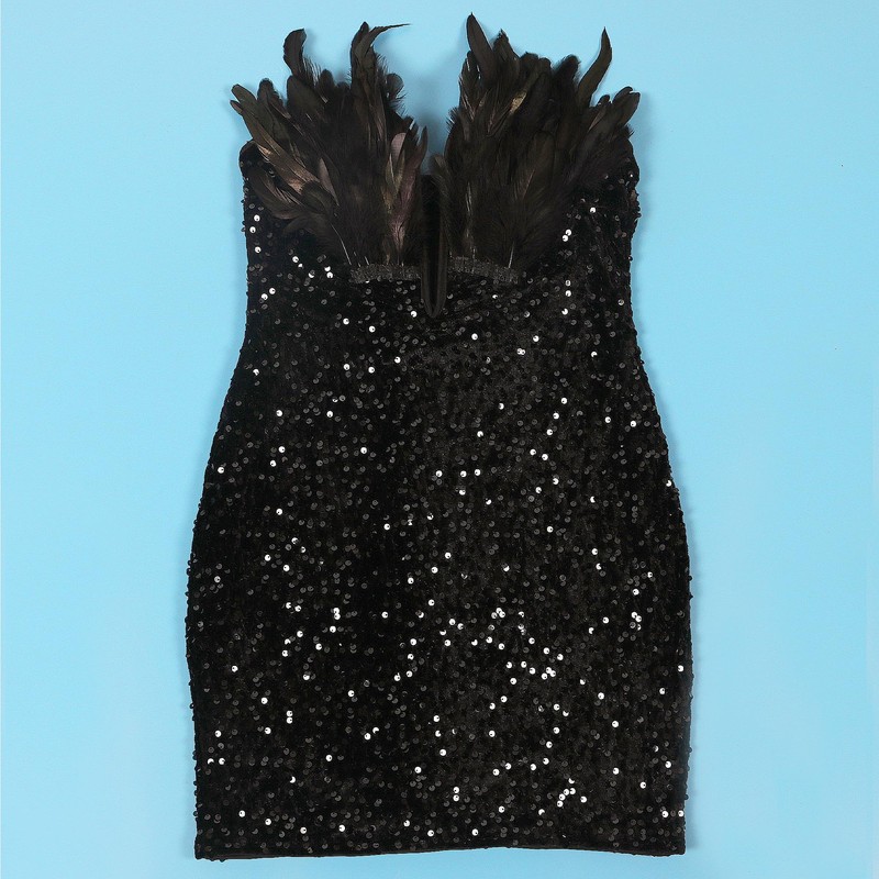 Nagfar Women's Sexy Sequins Deep V Neck with Feather Wrap