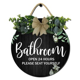 Bathroom Sign Bathroom Open 24 Hours Please Seat Yourself Rustic Wooden Wreath - Farmhouse Wall Decor - Hanging Wall Decoration
