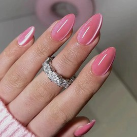 Cat Eye Press on Nails Soft Pink Fake Nails Medium Almond False Nails with Gradient Design Glitter Press on Nails Full Cover Glossy Acrylic Nails Reusable Stick on Nails for Women Girls 24Pcs