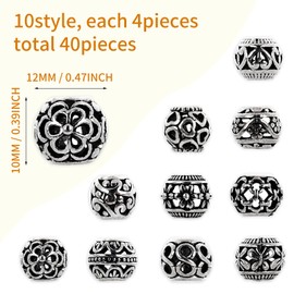 ASTER Pack of 40 Spacer Beads 12 mm Metal Beads, 10 Styles Round Antique Silver Bead Caps, Tibetan Mixed Metal Spacer Beads for Crafts DIY Jewellery Bracelets Jewellery Making