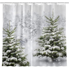 JOOCAR Christmas Tree Shower Curtain Winter Forest Pine Tree Snowflake Snowfall Natural Scene Bathroom Shower Curtains for Bathtub Decoration with Hooks 72x72 Inch