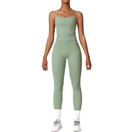 Womens Workout Sets Two Piece Seamless Stretch Cross Back Tank Top Matching Tummy Control High Waist Leggings Set 2 Piece For Women Gym Yoga Active Wear Outfits Athletic Work Out Clothes Green L