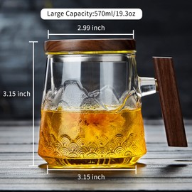 Glass Tea Cup with Infuser and Lid, 570ml/19oz Large 3-Piece Glass Tea Mug with Embossing Landscape Pattern, Big Tea Cup with Wood Handle for Loose Leaf Tea