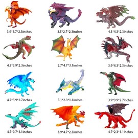 12 Pcs Mini Dragon Figurine Kit 3 Inch Realistic Hand Painted Dragon Models Plastic Magic Dragon for Birthday Party Favors Cupcake Toppers