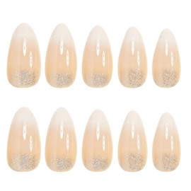 YoYoee Short Almond Press on Nails Gradient Fake Nails Acrylic Glitter False Nails Nude Full Cover Nails Tips for Women and Girls 24Pcs