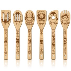 GLOBLELAND Set of 6 Cute Animal Wooden Spoons Utensils Set Cartoon Animals Bamboo Carving Kitchen Cooking Utensils Wood Engraved Cooking Spatula Set for the Kitchen Funny Housewarming Gift