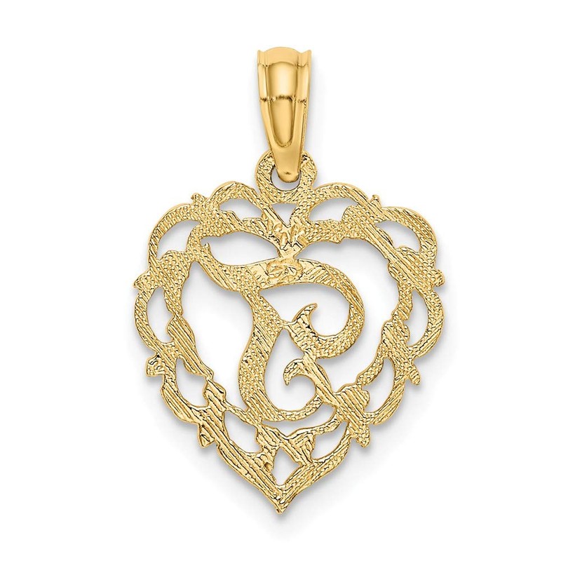 Solid 14k Yellow Gold T Script Initial Letter In Heart