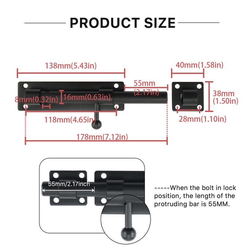 SAYAYO EMS9000-B Door Bolt Black Stainless Steel Bolt Lock Lock