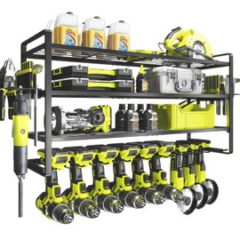 KAFAHOM Power Tool Organizer Wall Mount, 9 Drill Holders for Garage Organization,4 Layer Power Tool Rack,Tool Organizer and Storage with 2 New Accessories, Gifts Idea for Men/Dad/Husband