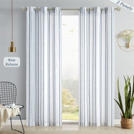 SXZJTEX Farmhouse Blue Striped Cafe Curtains 63 inch Length 2 Panels for Living Room Bedroom Rustic Sheer Grommet Striped Linen Window Treatment Curtains, Grommet Top, 42" x 63"