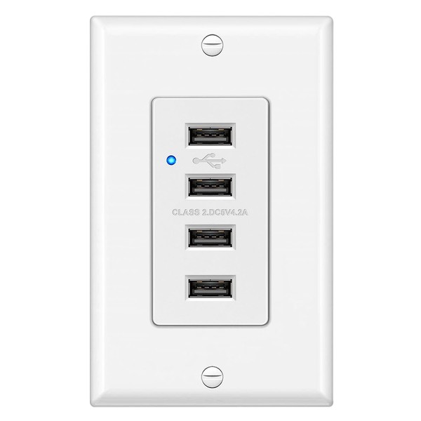 BESTTEN 4.2A/21W USB Receptacle Outlet with 4 High-Speed USB Charging Ports and LED Indicator, Wallplate Included, UL Listed, White