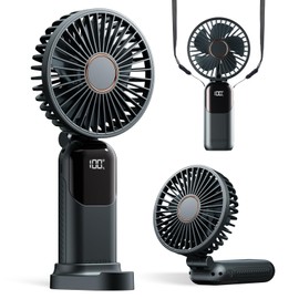 GOCKERA Portable Fan, 4200mAh Battery Operated Fan, 5 Speeds&Digital Display, Makeup Fans for Women with Base, 180°Foldable 3in1 Handheld/Neck/Desk Fan for Outdoor Indoor,Ultra Quiet (Black)