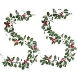 Pack of 2 Christmas Berry Garland, Christmas Garland, Pine Cones, Red Berries, Christmas Garland, with Holly Leaves, 2 Metres for Fireplace, Christmas, New Year Decoration (White Border Green)