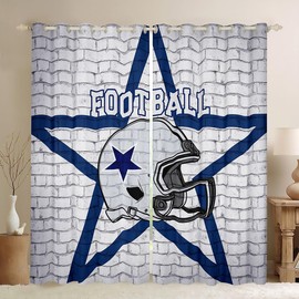 American Football Boys Window Curtains,Texas Star Cowboy Football Sports Window Drapes for Boys Men,Rugby Helmet Brick Wall Retro Blue White Window Treatments Grommet Top 2 Panel Set,52Wx96L inch