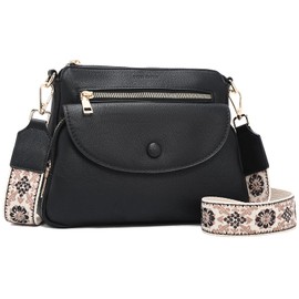 FOXLOVER Crossbody Bags for Women Triple Zip Trendy Vegan Leather Shoulder Purses with Colored Shoulder Strap (Black)