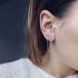 Yheakne Boho Double Chain Hoop Earrings Silver Cz Hoop Chain Earrings Punk Dangle Chain Earrings Rhinestone Huggies Earrings Jewelry for Women and Girls Gifts (Silver)