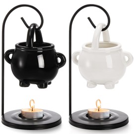Jucoan 2 Pack Hanging Cauldron Oil Burner, White & Black Witches Cauldron Oil Burner, Ceramic Essential Oil Burner Wax Melt Burner Aroma Oil Diffuser Tealight Candle Holder for Christmas Home Decor