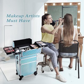 Faquenc 3 in 1 Rolling Makeup Case, Makeup Case with Wheels Cosmetology Case Trolley Nail Tech Cart Organizer for Traveling Makeup Artist Nail Art Hair stylist Salon Barber with Lock