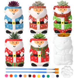 Pasimy 6 Set Ceramics to Paint DIY Ceramic Succulent Planter Pots Paint Your Own Flower Pots Craft Kit Unpainted Bisque Flowerpot with Brush Palette Christmas Gifts for Family Activity(Santa)