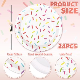 Whaline Confetti Sprinkle Paper Plate Cute Donut Disposable Plate Dessert Dinnerware Plates 9 Inch for Birthday Baby Shower Wedding Party Supplies Table Decor, 24Pcs