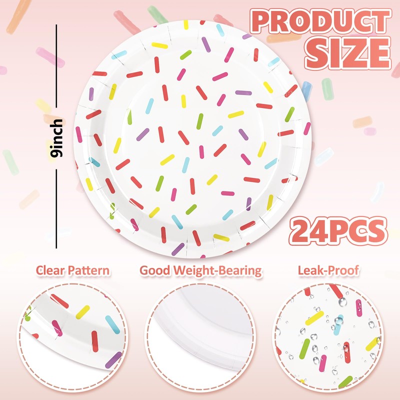 Whaline Confetti Sprinkle Paper Plate Cute Donut Disposable Plate Dessert