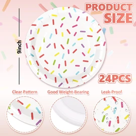 Whaline Confetti Sprinkle Paper Plate Cute Donut Disposable Plate Dessert Dinnerware Plates 9 Inch for Birthday Baby Shower Wedding Party Supplies Table Decor, 24Pcs