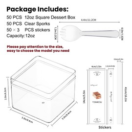 FZJ 20 Pack 12OZ Square Clear Plastic Dessert Cups with Lids and Sporks&Stickers Disposable Parfait Cups with Lid,Tiramisu container with lid,Cupcake,Parfait,Pudding,Iced Cold Drinks,Fruits