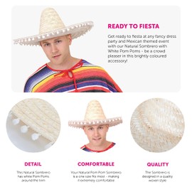 Mexican Sombero with Pom Pom Edges Fancy Dress Accessory With Moustache - Mexican Hat Straw Holiday Stag Night Clubbing Bandito - Natural - Pack of 1