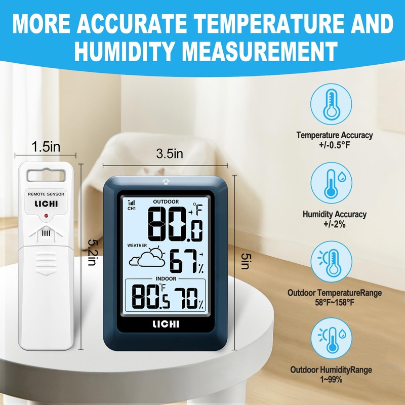 Indoor Outdoor Thermometer Wireless Weather Station, Internal External Thermometer Hygrometer,