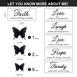 6 Pieces Faith Hope Love Laugh Family Live Wall Decal Sticker Motivational Wall Decal Sticker with 12 Pieces 3D Butterfly Decal Inspirational Quotes Sticker Set for Home Office Decor (Black)