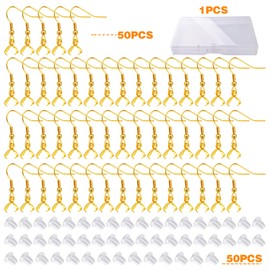 Aylifu 50pcs Stainless Steel Pendant Clasp Earring Hooks Hypoallergenic Ear Wire Buckle Earrings with 50pcs Clear Earring Backs and a Box for DIY Jewelry Making Findings