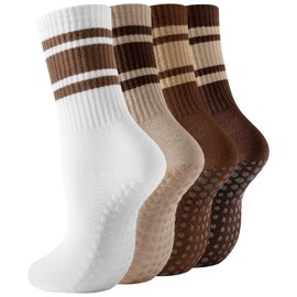 BONANGEL Pilates Socks (4 Pairs) Non-Slip Women's Grip Socks Non-Slip Socks for Yoga Reformer Pilates Stopper Socks, 4Pairs-Coffee+Brown+Beige+White