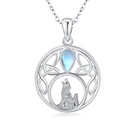 Wolf Necklace 925 Sterling Silver Celtic Chain Moonstone Pendant Wolf Necklace Jewellery Gifts for Women, Sterling Silver, Moonstone