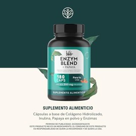 LIFE 360+ Enzimas Digestivas + Papaya | 180 Cápsulas | Bromelina, Papaína, Lipasa, Colágeno Hidrolizado e Inulina de Agave | Suplemento Alimenticio En
