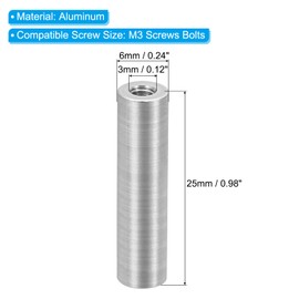 PATIKIL 12pcs M3 Metal Threaded Standoff Spacer Nuts, Round Aluminum Spacers Female Coupling Screws, 1/8" ID x 1/4" OD, Silver, (25mm L)