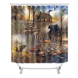 Jayden Madge 4PCS/Set Rustic Cabin Shower Curtain, Foggy Woodland Deer Elk Moose Black Bear Mallard Duck Wildlife Lodge Country Farmhouse Bathroom Decor, Non-Slip Bath Rugs, Camping Fishing Hunting